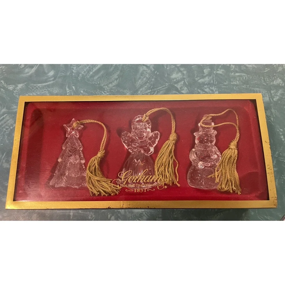 Gorham Crystal Trio of Angels Christmas Tree Ornament W/Gold Tassels In Box